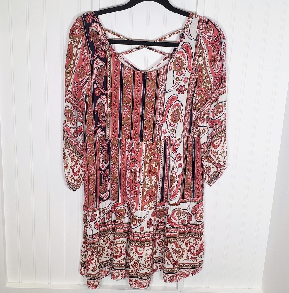 Umgee USA Boho Flowy Paisley Floral & Hearts Dress/Tunic Coral Criss Cro…